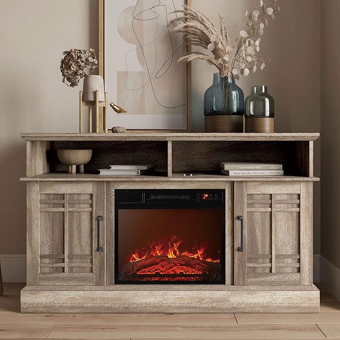 BELLEZE 48" TV Stand with 18" Electric Fireplace Heater, Modern TV Stand for TVs up to 50", Entertainment Media Stand with Open Shelves and Storage Cabinets for Living Room, Bedroom (Ashland Pine)