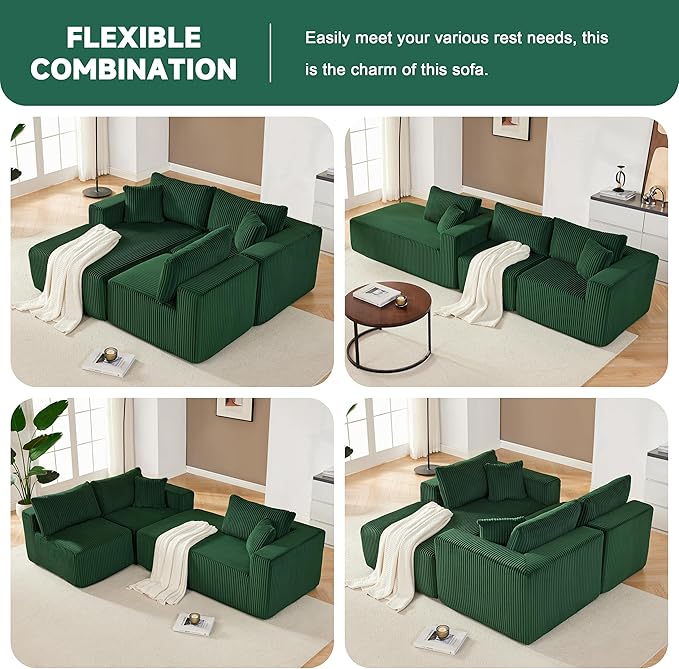 97" Modular Sectional Sofa, L-Shaped Boneless Couch with Deep Seat, Cozy Cloud Couch Sectional with Convertible Ottoman, Modern Sectional Couches for Living Room（ Green）