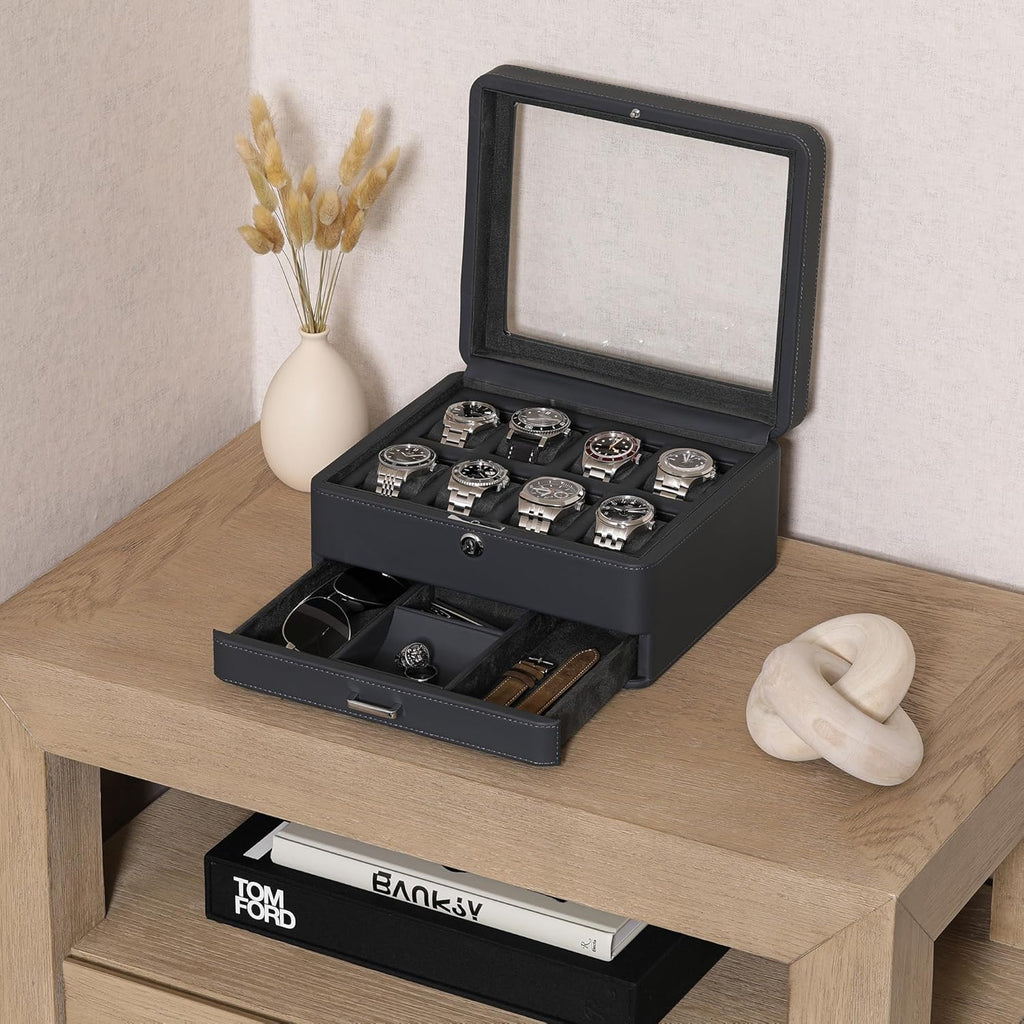 ROTHWELL 8 Slot Leather Watch Box with Valet Drawer - Luxury Case Display Jewelry Organizer, Locking Display Case Holder with Real Glass Top - Watch Box Organizer for Men & Women (Carbon)