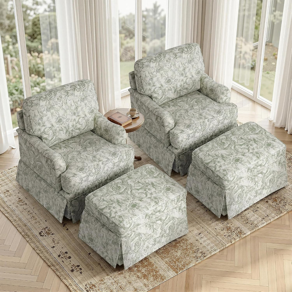 Swivel Accent Chairs with Ottoman, Set of 2, Rococo Green