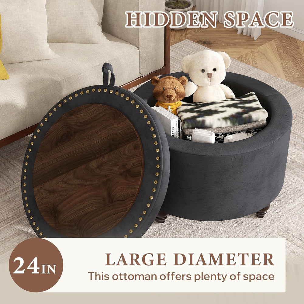 24 Inch Round Storage Ottoman,Modern Tufted Ottomans,Circular Coffee Table wi...