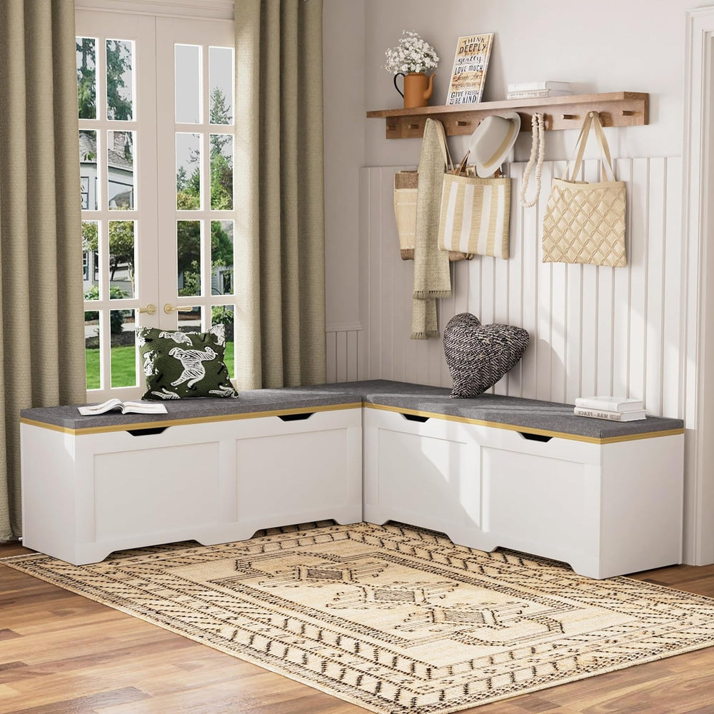 3-Piece L-Shape Storage Bench Set with Cushion, Kitchen Dining Nook Bench wit...