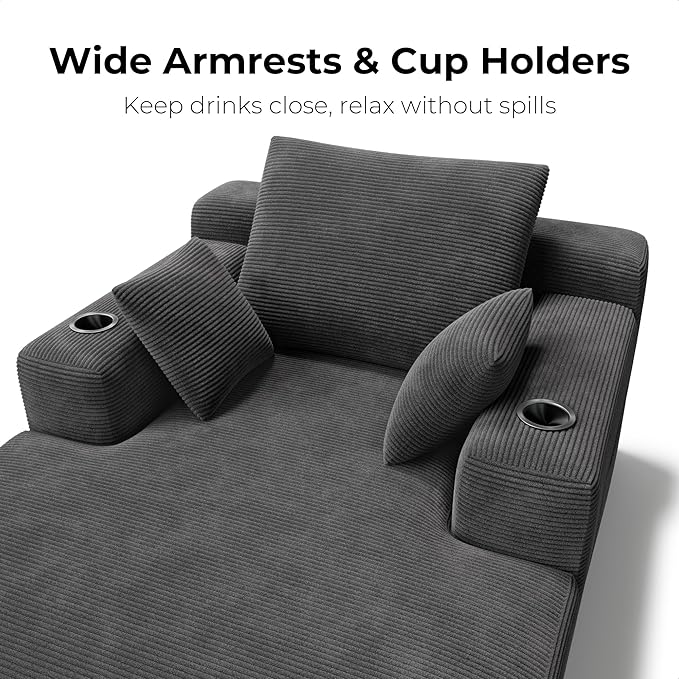 LIKIMIO 71.6" Oversized Chaise Lounge Chair Indoor, Upholstered Sofa Bed with 2 Cup Holders & 2 Storage Pockets, No Assembly Corduroy Cloud Couch, Reading Chair for Living Room (Dark Gray)