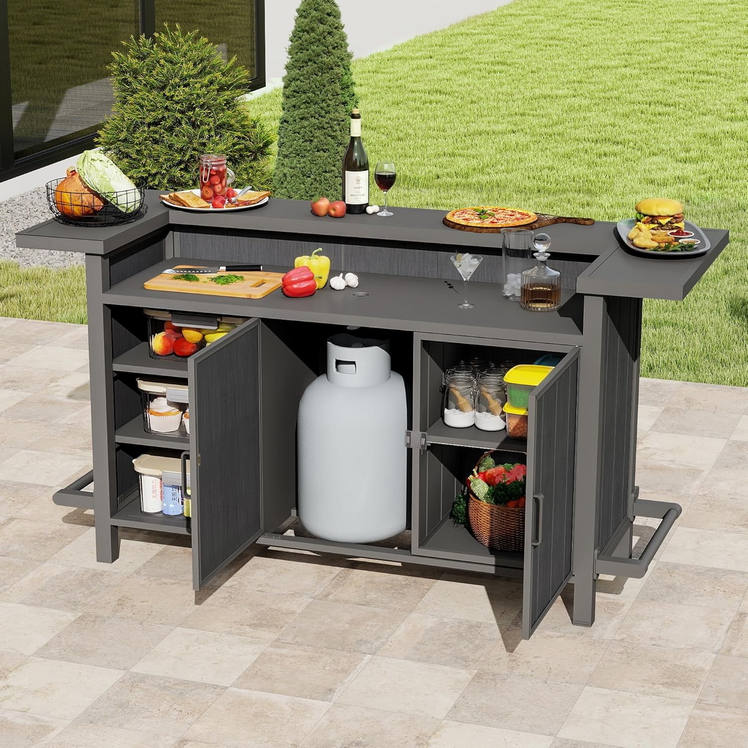 Domi Patio Bar Table, Outdoor Aluminum Bar Height Table with Cabinet, All Weather Use Storage Patio Cart for Patio Kitchen or Bar Cart, Black Grey