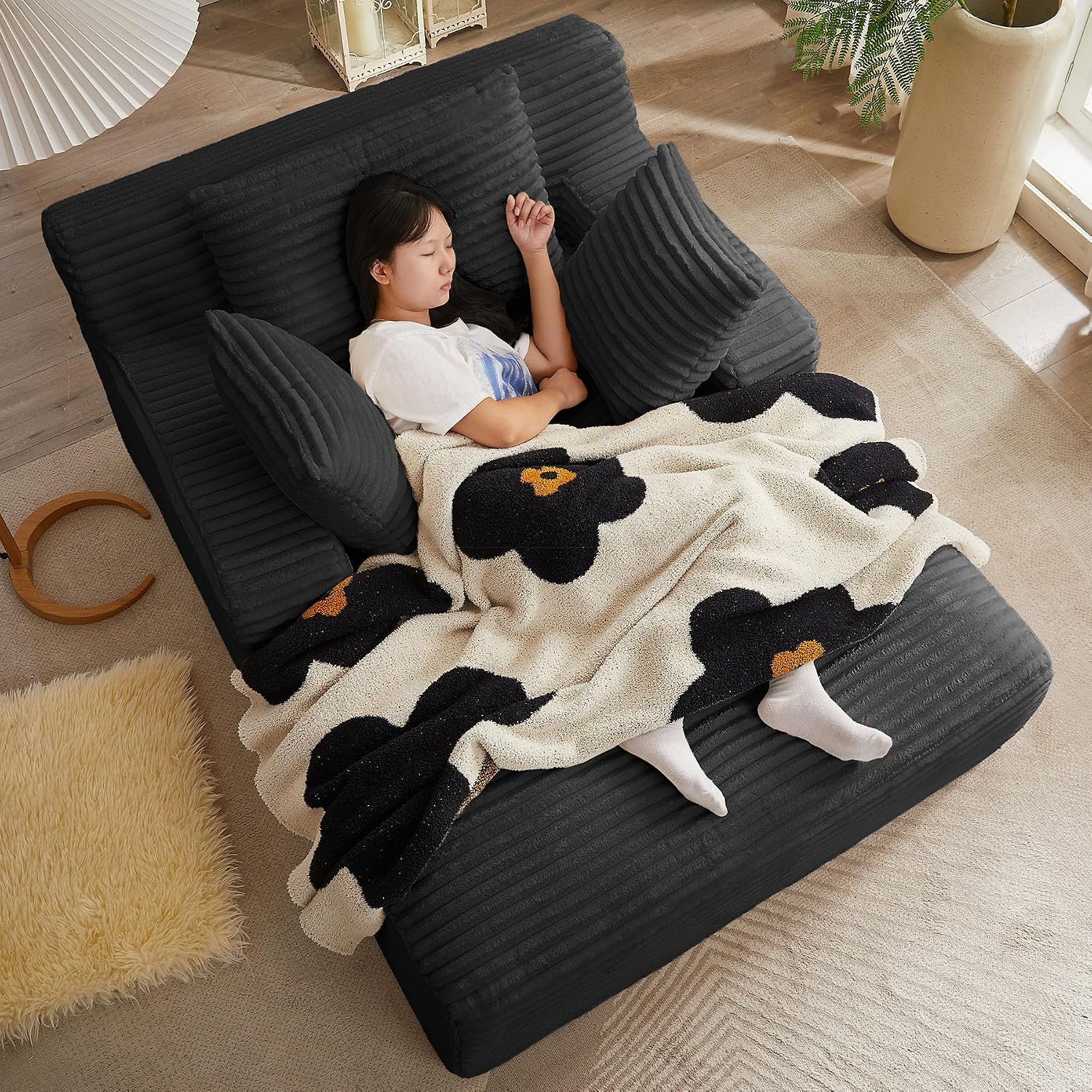 67 Inch Boneless Couch, Oversized Chaise Lounge Sofa, Corduroy Chaise Lounge Chair Indoor with Comfy Pillows for Living Room Bedroom, Foam Filling, No Assembly (Black)