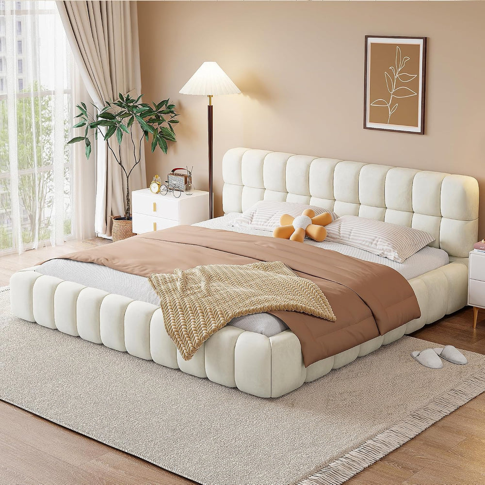 JIJIWANG Queen Platform Bed with Linen Headboard & Footboard, Beige