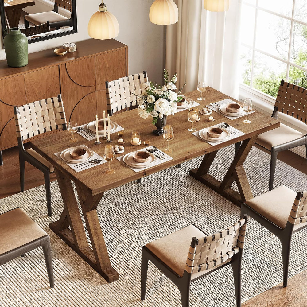 Solid Wood Dining Table for 4-6 People, 63 Inches Wooden Farmhouse Rectangula...