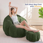 MAXYOYO Giant Bean Bag Chair with Ottoman, Pumpkin-Shaped Bean Bag Sofa with Footstool, Oversized Boneless Couch Chair in a Box, Comfy and Lazy Lounge for Dorm, Living Room, Bedroom, Green