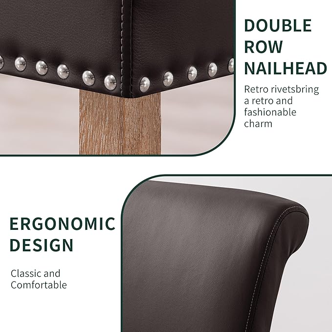 CHUN YI Dining Chairs Set of 4, Faux Leather Upholstered Dining Room Chairs with Nailhead Trim and Wood Legs, Mid Century Modern Parsons Side Chairs for Kitchen, Brown