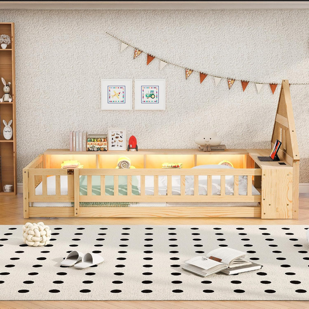 Twin Size Wood Floor Bed with Guardrail, House-Shaped Headboard and Cabinet (Natural)