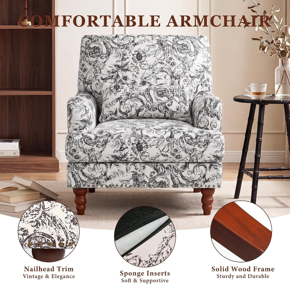 Floral Accent Chairs Set of 2, Chenille Armchair, Rococo Black