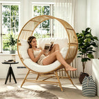 Bifanuo Oversized Egg Chair Indoor/Outdoor Rattan Hanging Basket Chair with Thickened Cushion Supports 350LBS – Wicker Patio Lounge Chair for Balcony Porch Living Room Backyard (Beige)