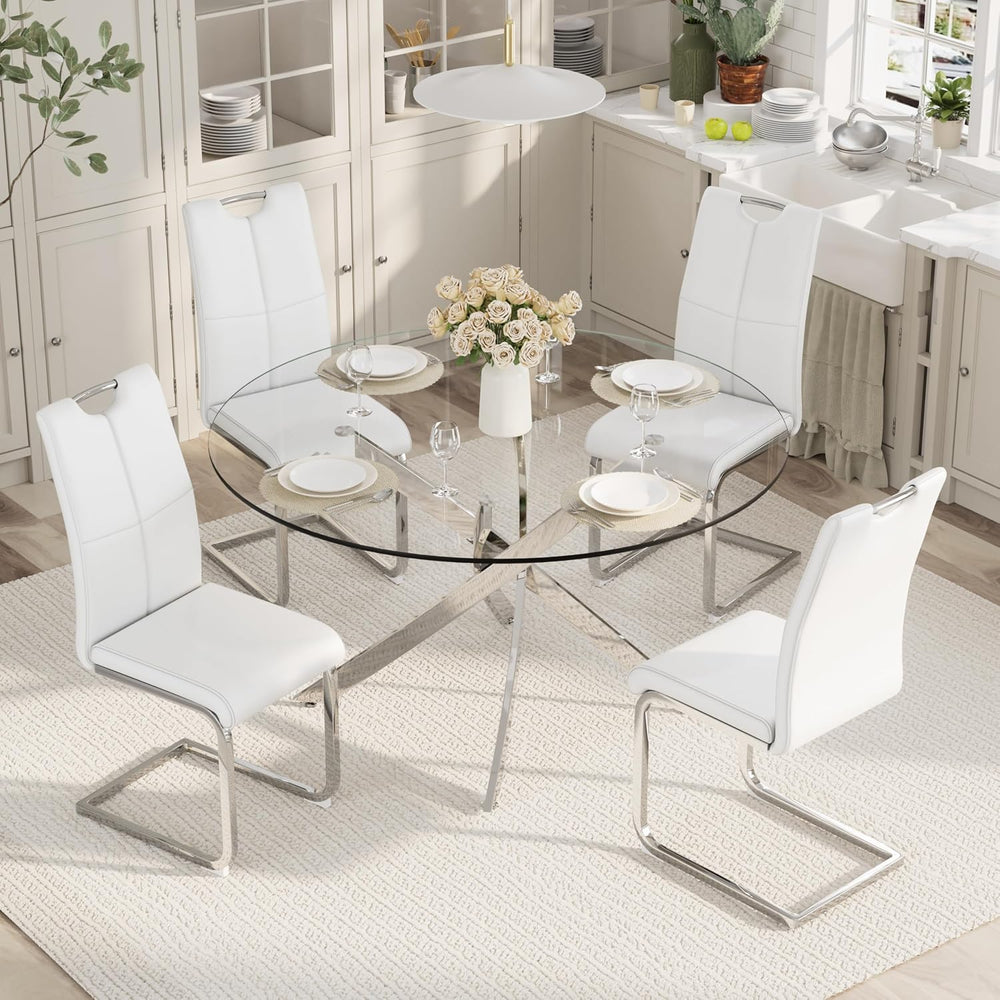 5-Piece Round Dining Table Set for 4, 47" Small Circle Tempered Glass Ki...
