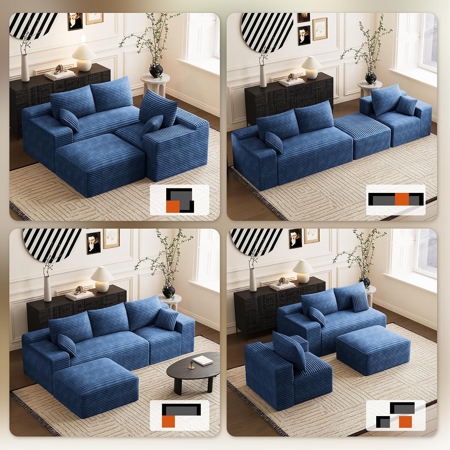 Modular Sectional Sofa Cloud Couch, 108'' Comfy U Shaped Sectional Couches for Living Room, Deep Seat Cozy Fluffy Corduroy Boneless Couch Sectionals Sofa with Movable Ottomanm, Blue