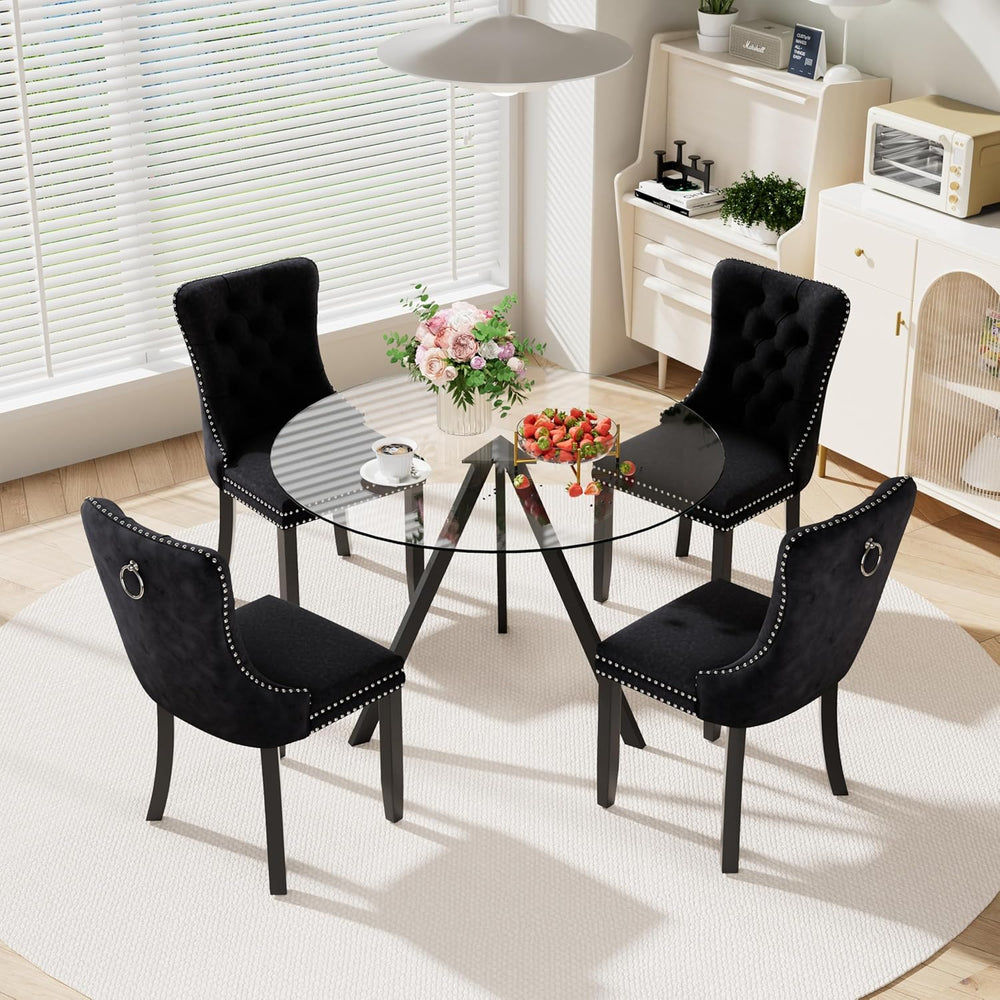 5-Piece 39" Round Glass Dining Table Set with 4 Velvet Upholstered Chair...