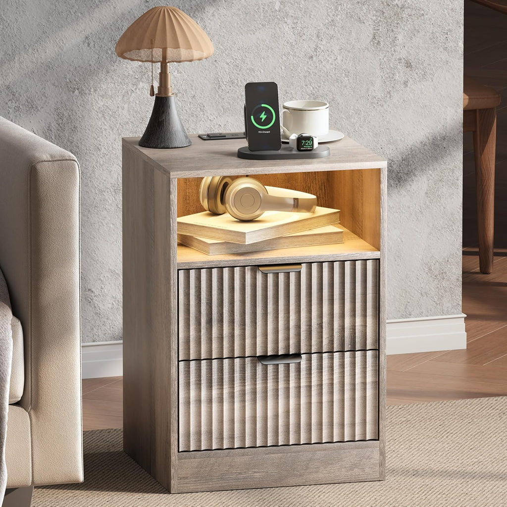LED Nightstand with Charging Station, Fluted Nightstand Set of 2, Wood Nightstands with 2 Drawers & Metal Handles, Modern Bedside Table & End Tables, Farmhouse Night Stands for Bedroom, Grey