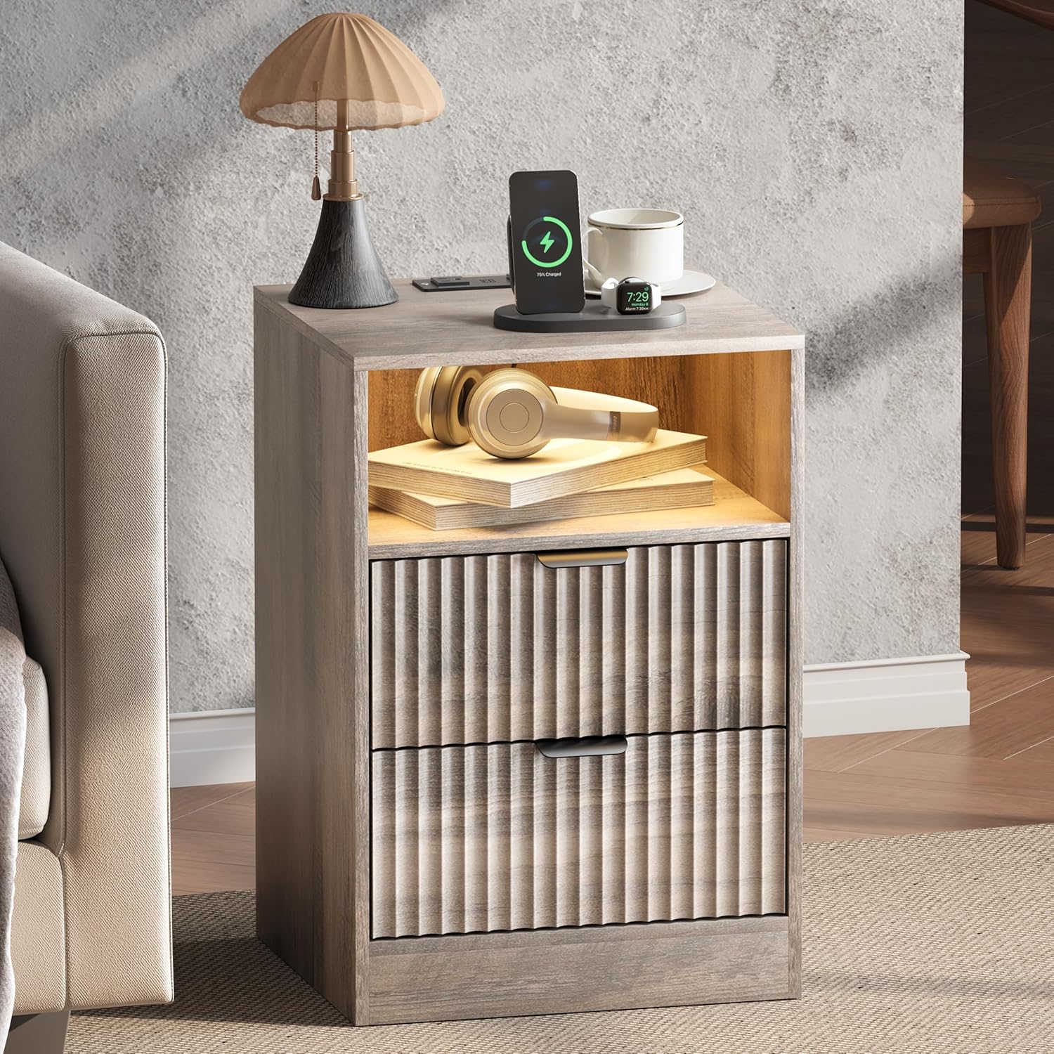 LED Nightstand with Charging Station, Fluted Nightstand Set of 2, Wood Nightstands with 2 Drawers & Metal Handles, Modern Bedside Table & End Tables, Farmhouse Night Stands for Bedroom, Grey