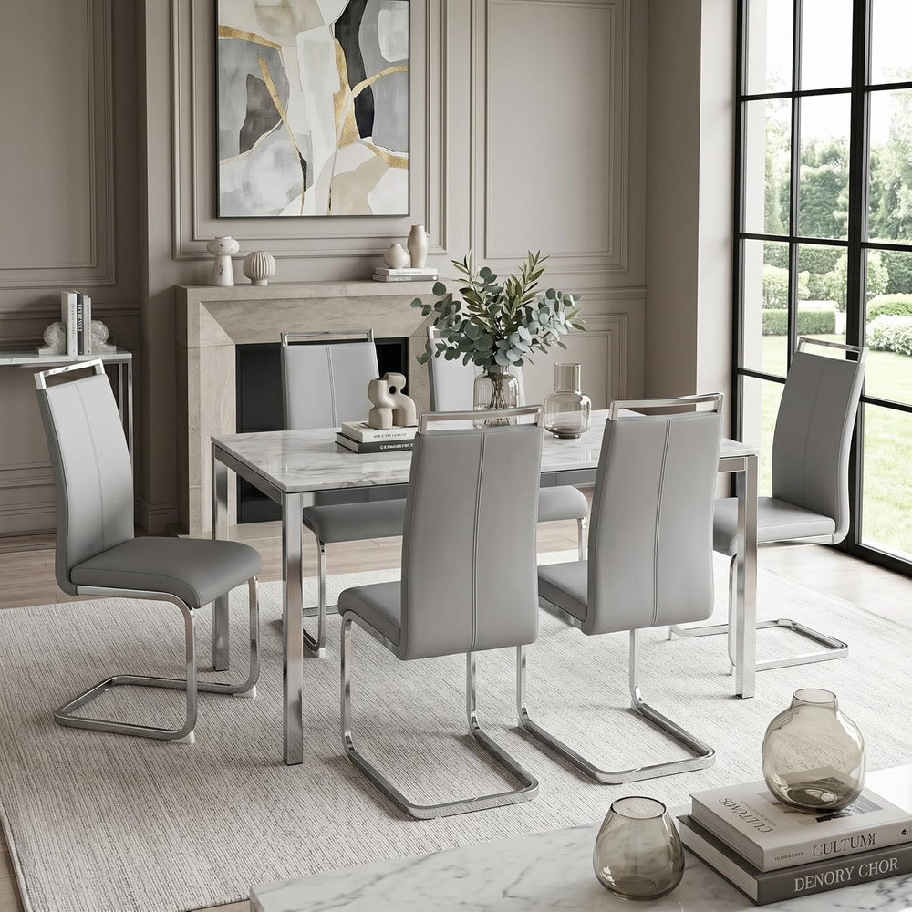 gopop Dining Chairs Set of 6, Faux Leather with Plated Chrome Metal Frame, Mo...
