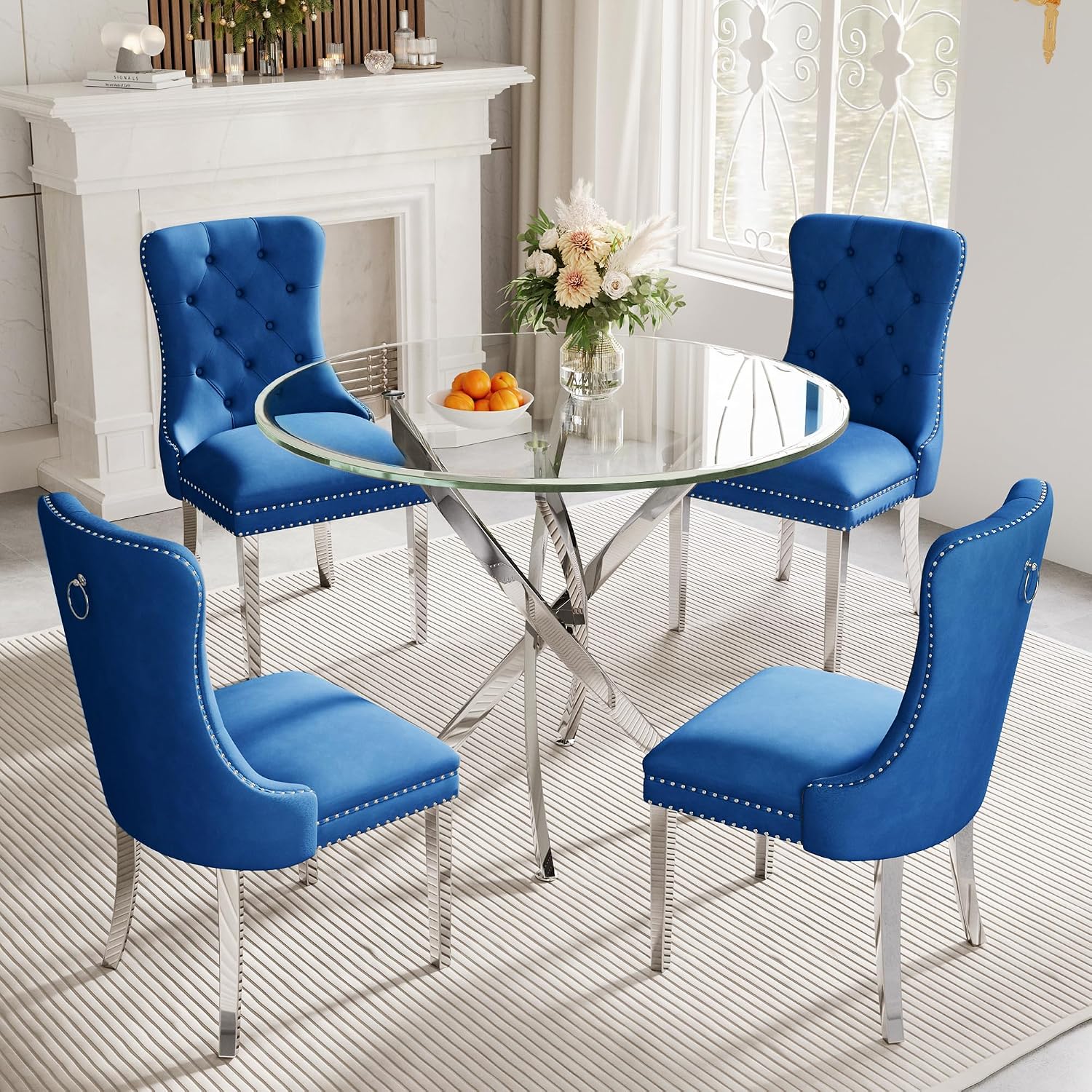 AF ARTISAN FURNITURE 36" Round Glass Dining Table Set for 2, 3-Piece Modern Kitchen Table with 2 Blue Velvet Chairs, Dining Room Table Set for Apartments Small Spaces (Silver Leg)