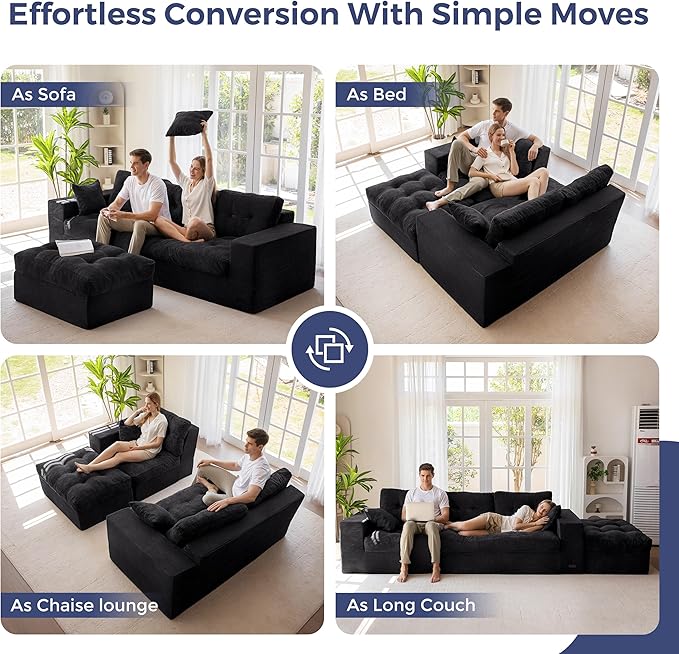 MAXYOYO 104" L Shaped Modular Sectional Sofa with Ottoman, Cloud Boneless Couch with Layered Cushion, Upholstered Sofa in a Box, Flexible Module Combination for Living Room, No Assembly, Black