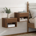 Floating Nightstand Set of 2 with Drawer, Fluted Modern Night Stand with Fluted Door and Open Storage Shelf Wall Mounted Bedside Table for Bedroom, Entryway Brown