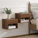 Floating Nightstand Set of 2 with Drawer, Fluted Modern Night Stand with Fluted Door and Open Storage Shelf Wall Mounted Bedside Table for Bedroom, Entryway Brown