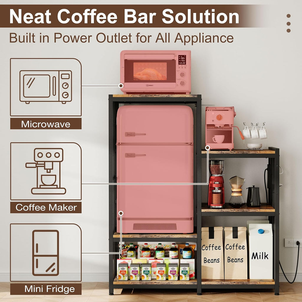 Mini Fridge Stand Coffee Bar Cabinet Station With Small Refrigerator Insert Storage Space, Shelf Organizer For Dorm Microwave To Sit On, Baker Rack With Power Outlet, Big Table To Go Over Hide Fridge
