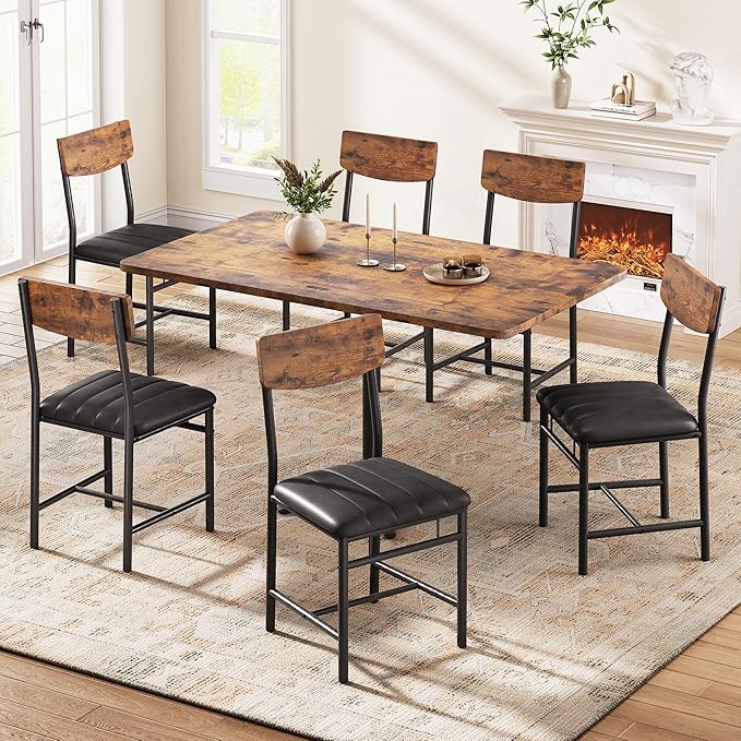 Industrial Dining Chairs Set of 6 - Upholstered Dining Room Chairs with PU Leather, Kitchen Chairs with Wooden Backrest and Thickened Metal Legs, for Dining Room, Living Room (6, Vintage)