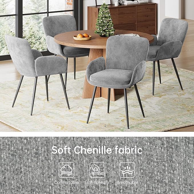 VKNOW Modern Dining Chairs Set of 2, Upholstered Dining Room Chair with Armrest, Kitchen Chairs with Curved Ergonomics Backrest for Living Room, Dining Room, Kitchen, Grey