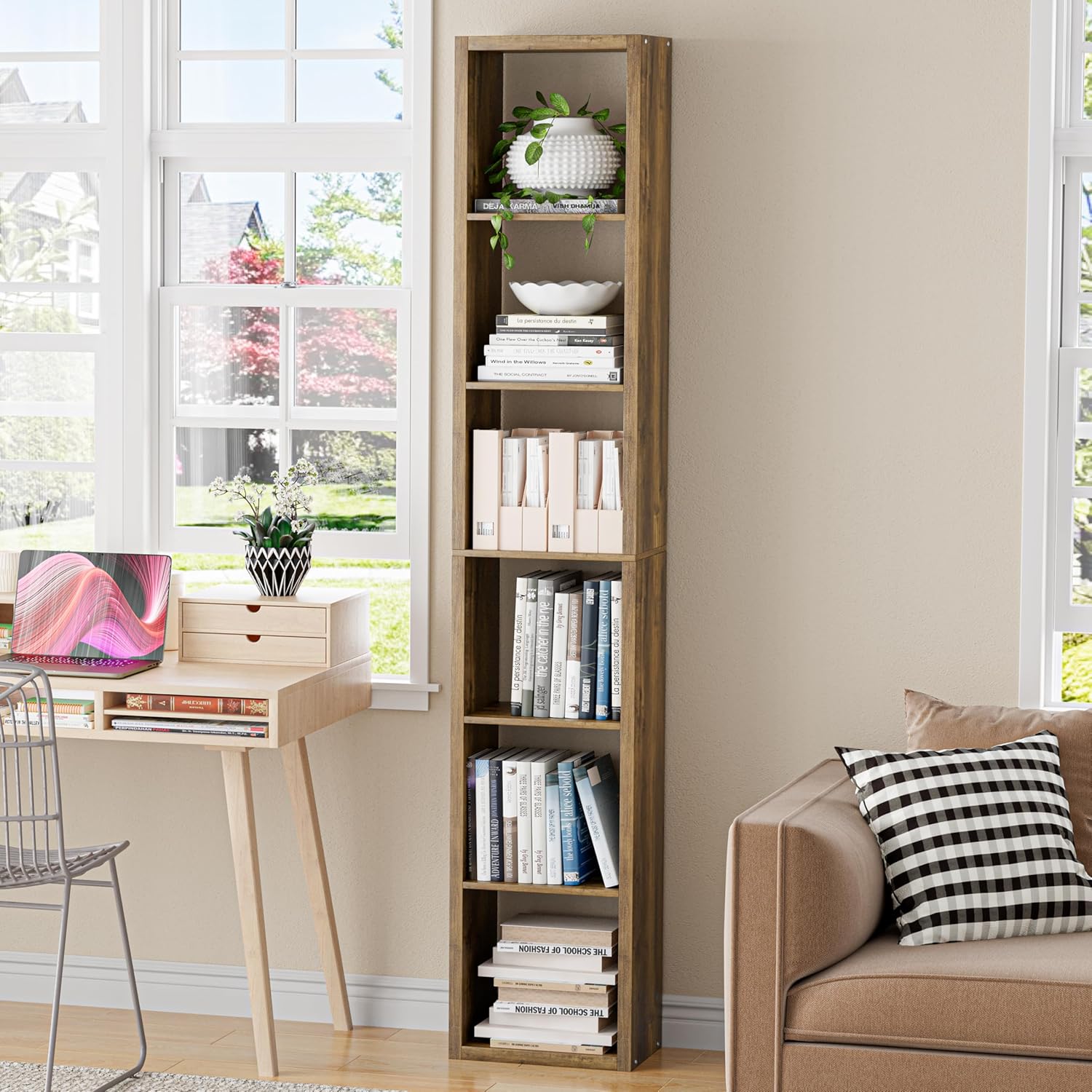 Tall Cube Storage Organizer Bookcase, 6 Tier 11 inch Open Back Cubical Shelf with Thickened Border, Display Bookshelf for Living Room, Home Office, Sturdy Room (Brown, 6 Cube,Vertical)