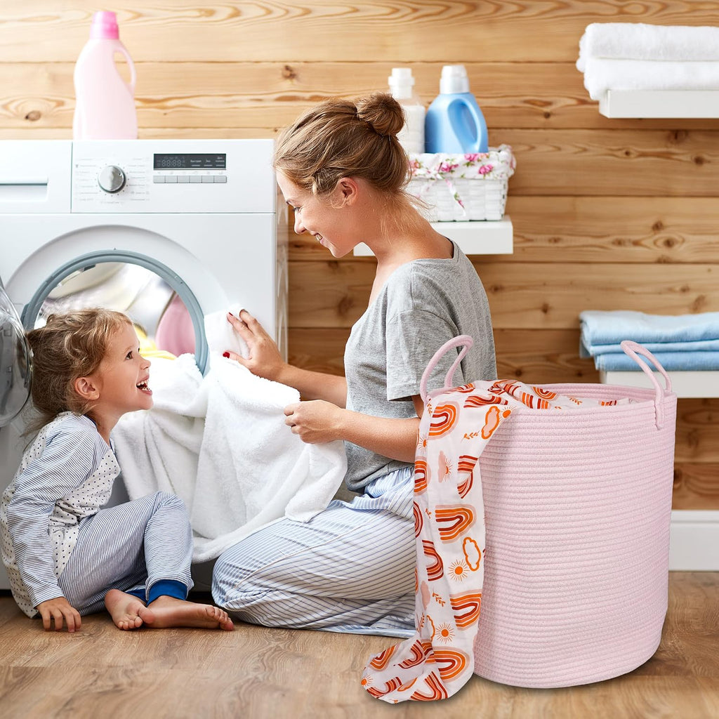 XUANGUO Cotton Rope Laundry Basket Hamper for Girls Kids Baby Nursery Pink | Large Nursery Hamper Bin and Woven Storage Basket for Living Room Girls Room Boho Tall Rope Baskets for Blankets Toys