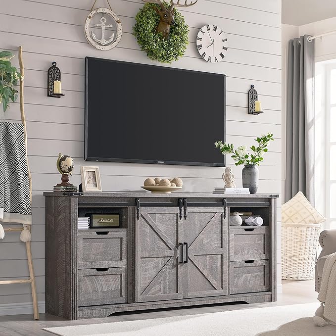 JXQTLINGMU Farmhouse Fireplace TV Stand for 80 Inch TV, 32" Tall Entertainment Center w/Drawer & Sliding Barn Door, 70 Inch Highboy Media Console for Living Room, Grey Wash