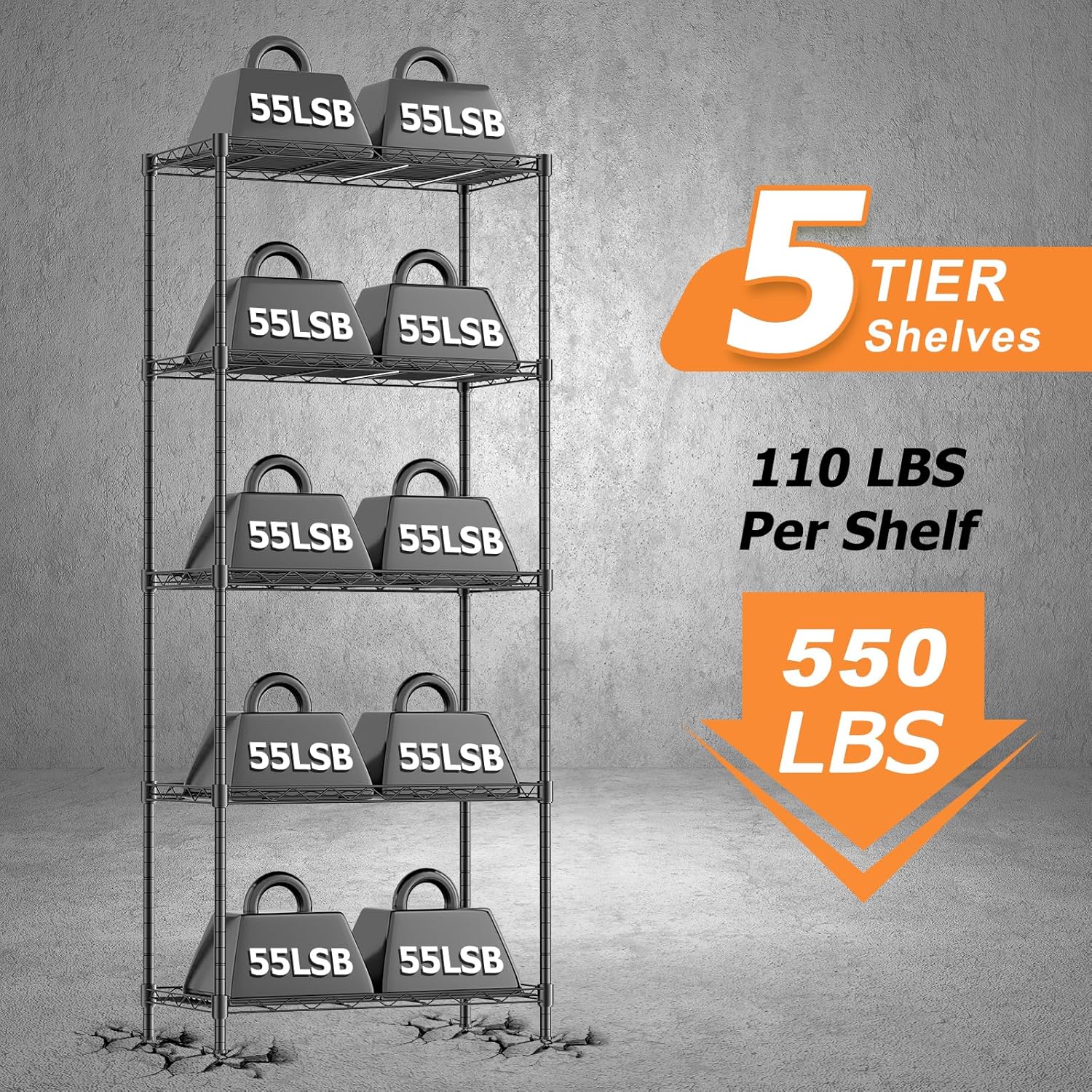 Storage Shelves,21.3" W x 11.8" D x 58.5" H Kitchen Wire Shelving Unit Loads 550LBS,5-tier Adjustable Metal Utility Shelf,Garage Shelves,Home Storage Rack for Kitchen, Laundry, Pantry and Closet