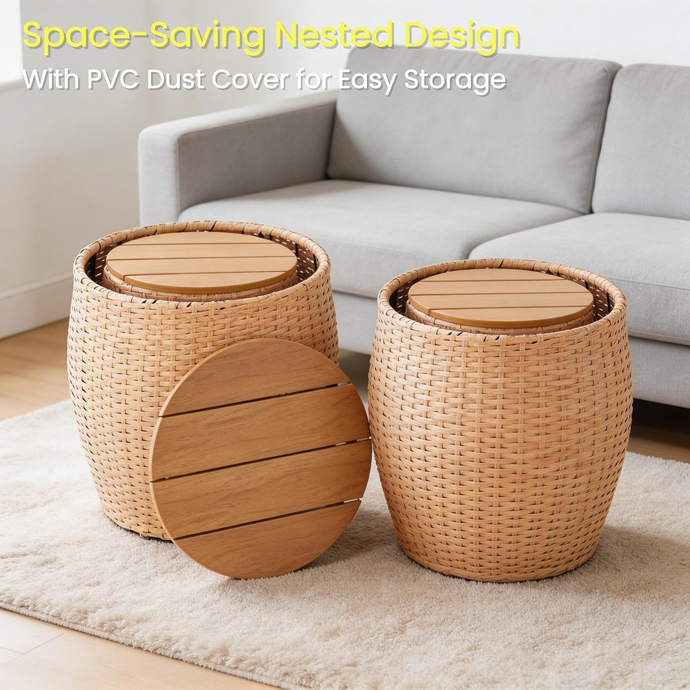 Wicker Side Table Set of 2, Round End Tables with Storage Basket, Multifuncti...