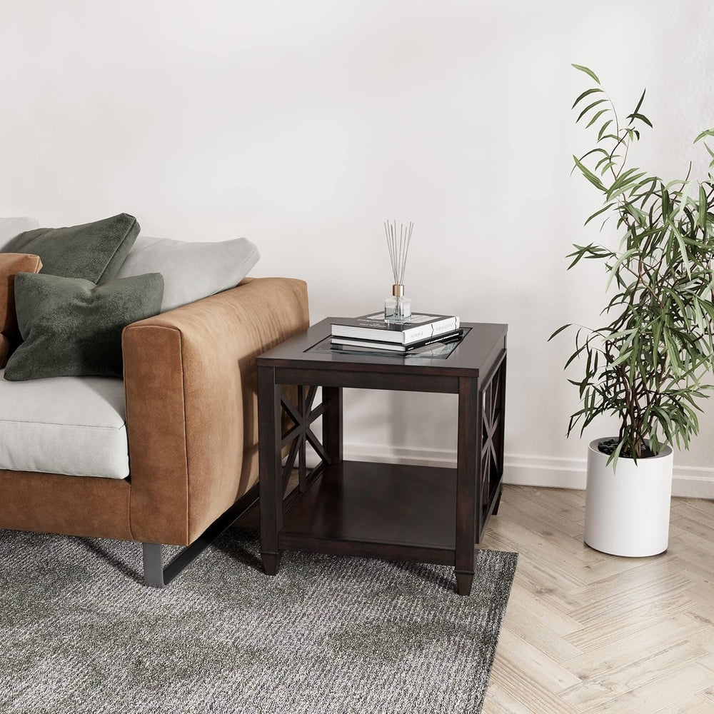 2-Tier Solid Wood End Table with Tempered Glass, Square Wooden Sofa Side Tabl...