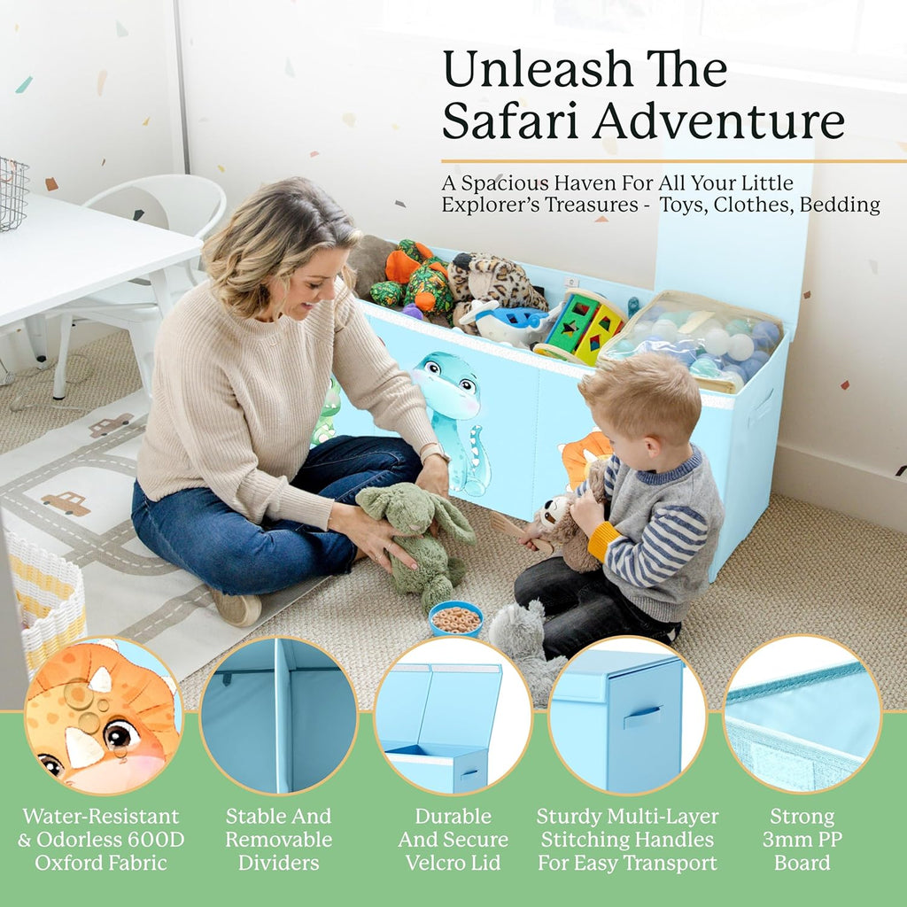 Extra Large Dinosaur Toy Box – 40"x13.5"x16.5" Collapsible Toy Chest with Dividers & Lid for Boys and Girls, Sturdy Kids Toy Organizer Bin for Nursery, Playroom, Bedroom, Stuffed Animal Storage