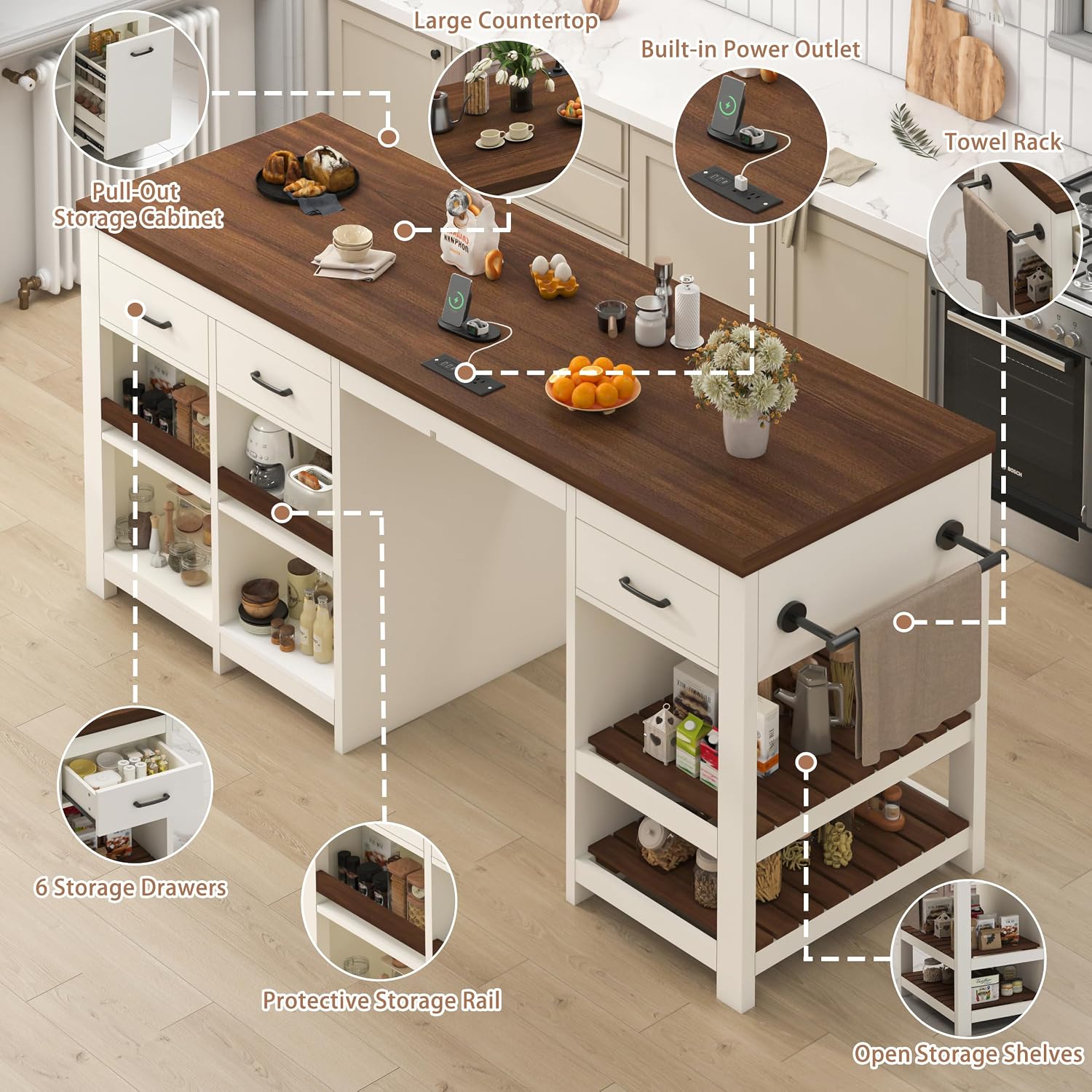 72" Stationary Kitchen Island with Charging Station | Large Kitchen Bar Island Table, 6 Storage Drawers, Open Shelves & Built-in Fridge Space, Towel Racks