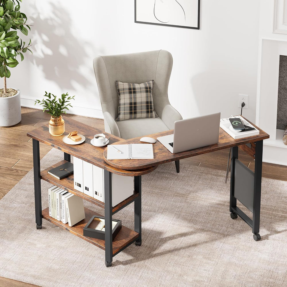GarveeHome Rotating Side Table 360° End Table with Charging Station Swivel Si...