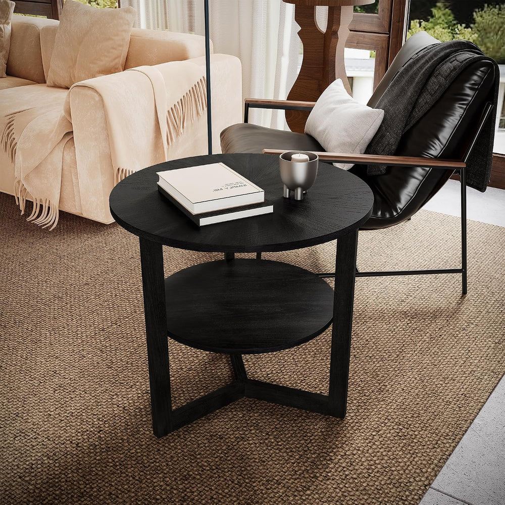 Round End Table, Farmhouse Side Table with Solid Wood Criss-Cross Legs for Sm...