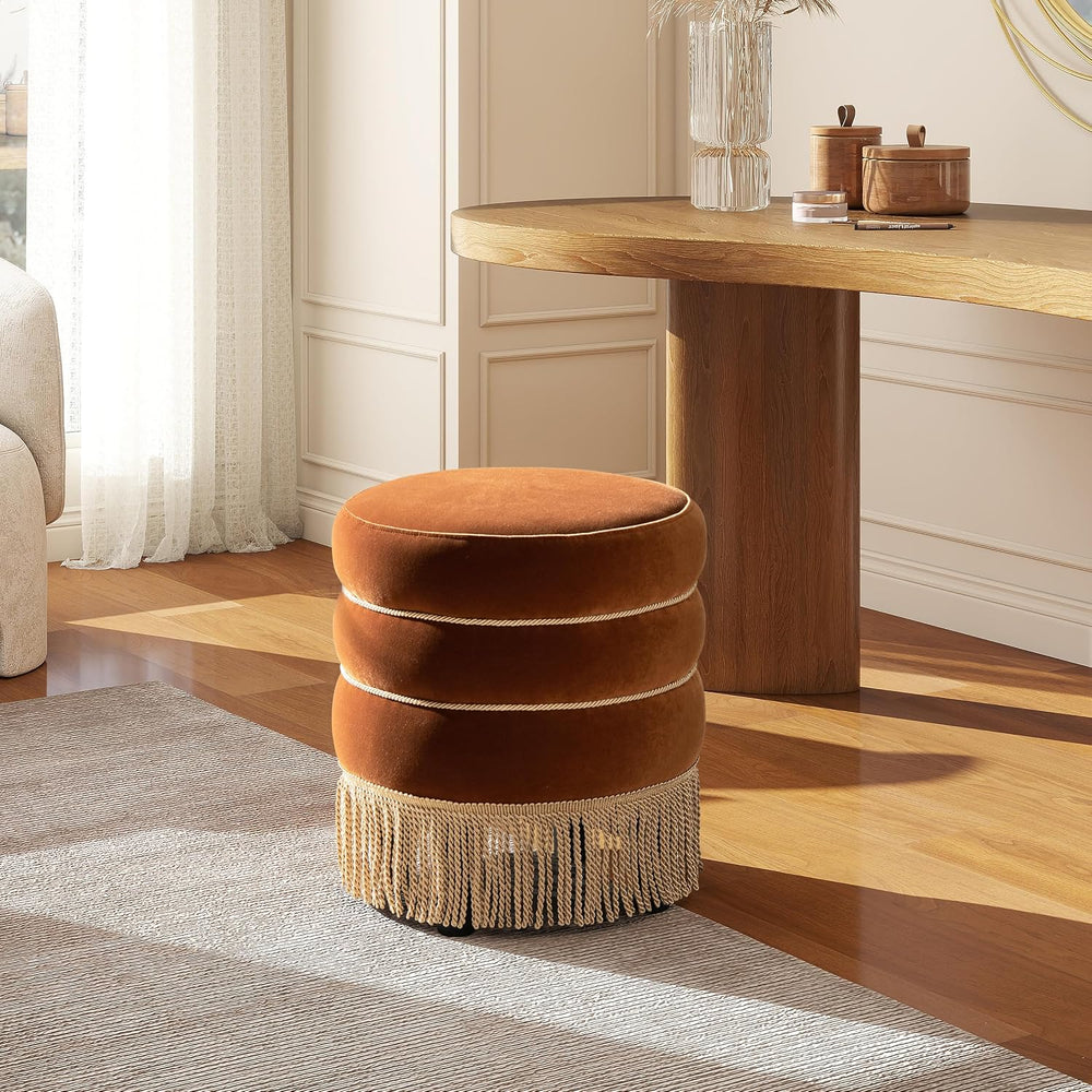 Edward Round Ottoman, Performance Velvet Ottoman, Burnt Orange Footrest with ...