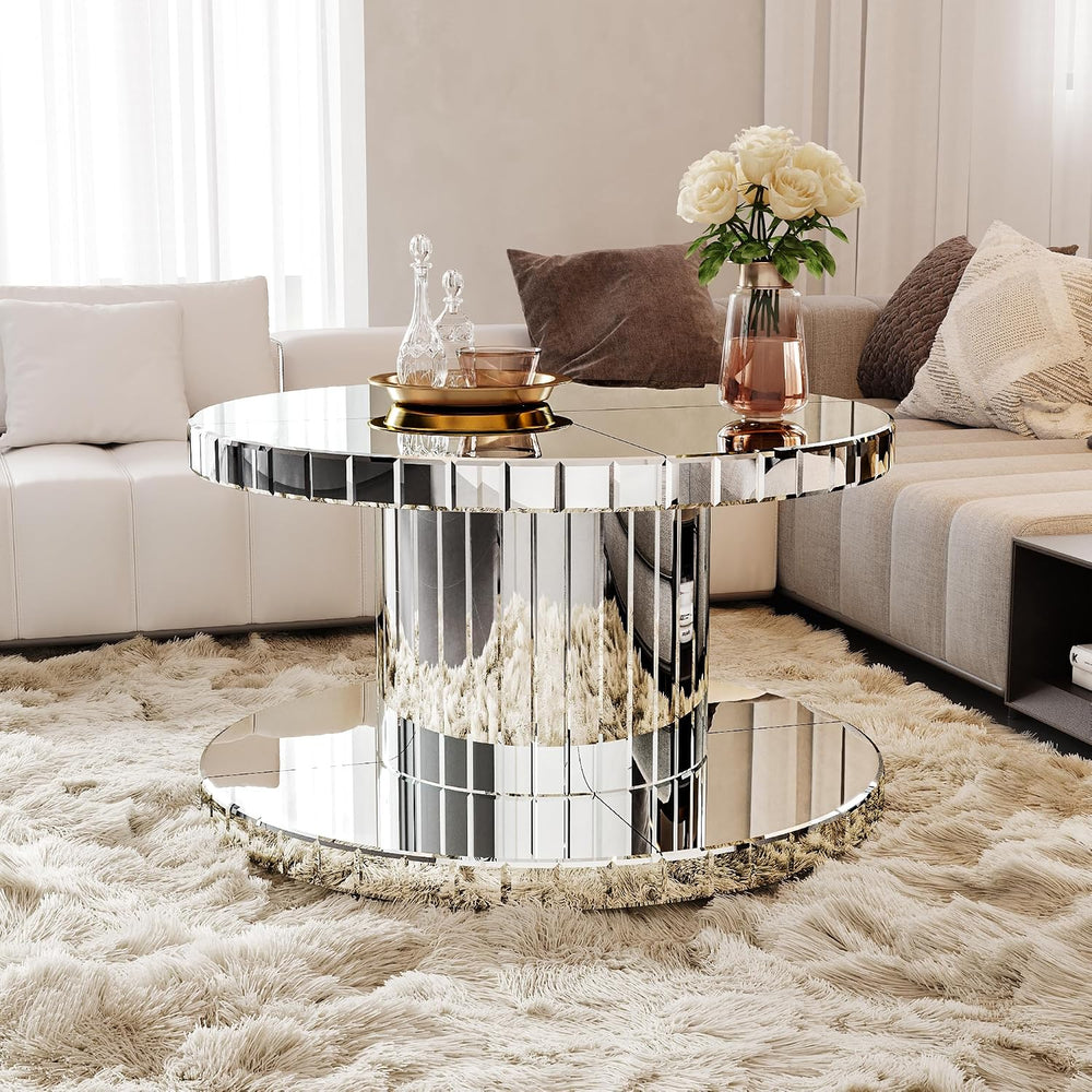 Double Tier Luxury Round Mirror Coffee End Table with Glass 31.5" Diamet...