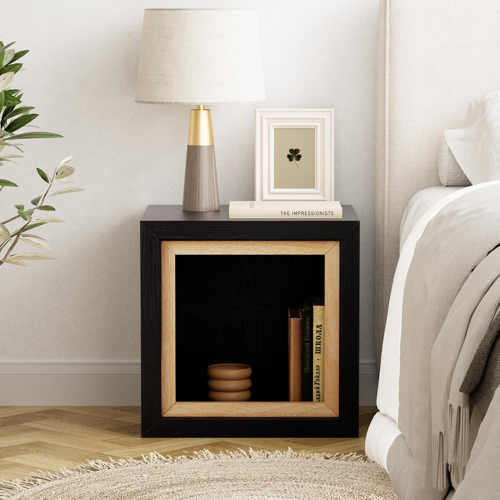 Aoikax Modern Cube End Table with Open Center Shelf, Geometric Wood Side Tabl...