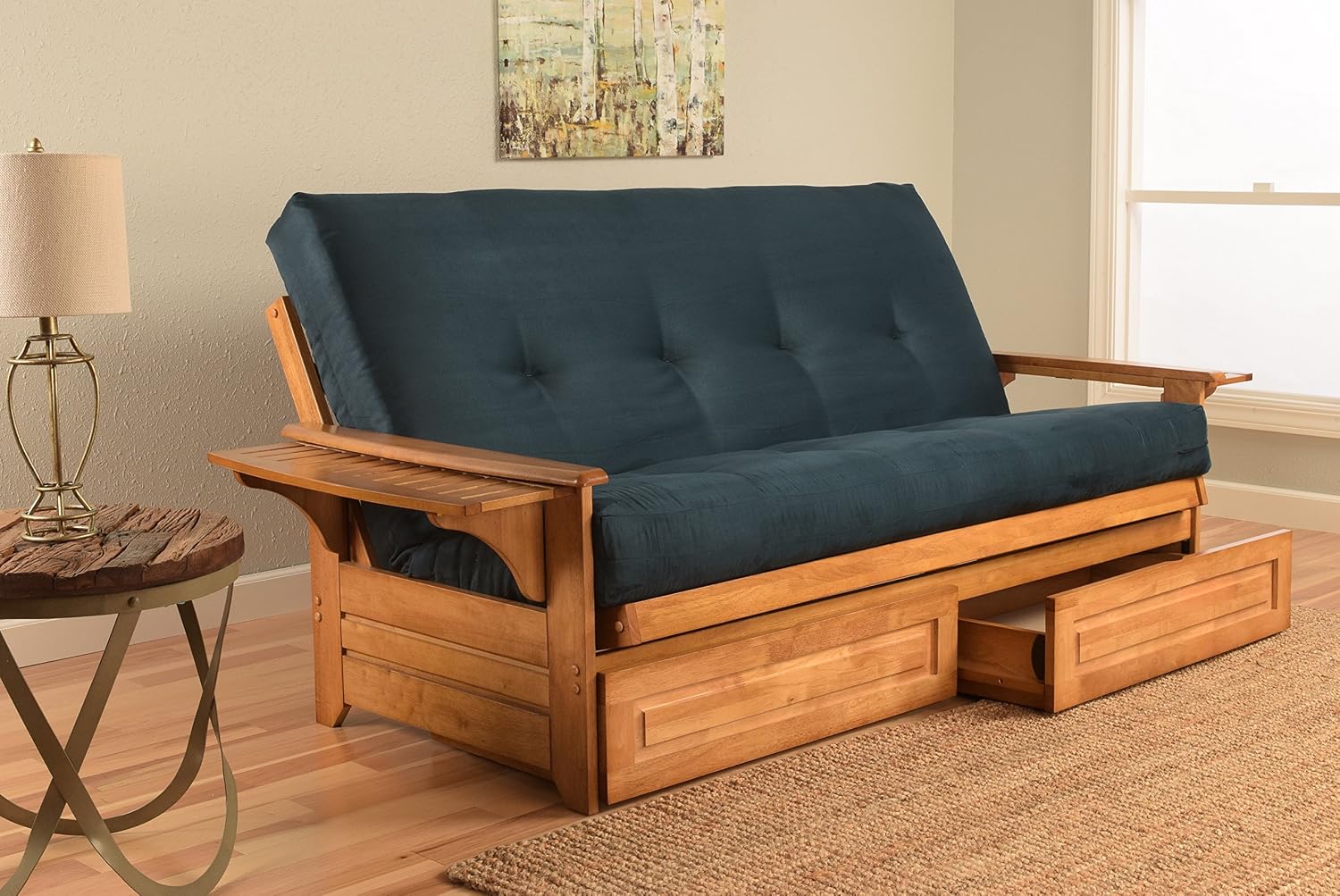 Lakefront Complete Futon - Drawers, Frame and Mattress Set - Arm Tray 8" Innerspring Queen Size Sofa Under Bed Storage Lounger (Navy, Queen)