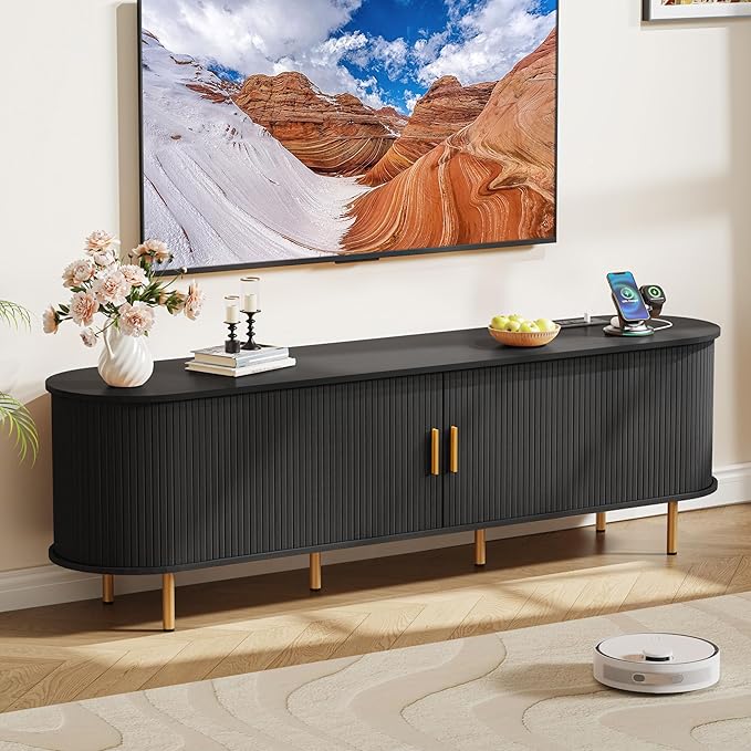 DHH 70.8 Inch Mid Century Modern TV Stand with Power Outlet for TVs up to 80 Inch, Entertainment Center with Storage and Adjustable Shelves, Media Console with Sliding Doors for Living Room(Black)