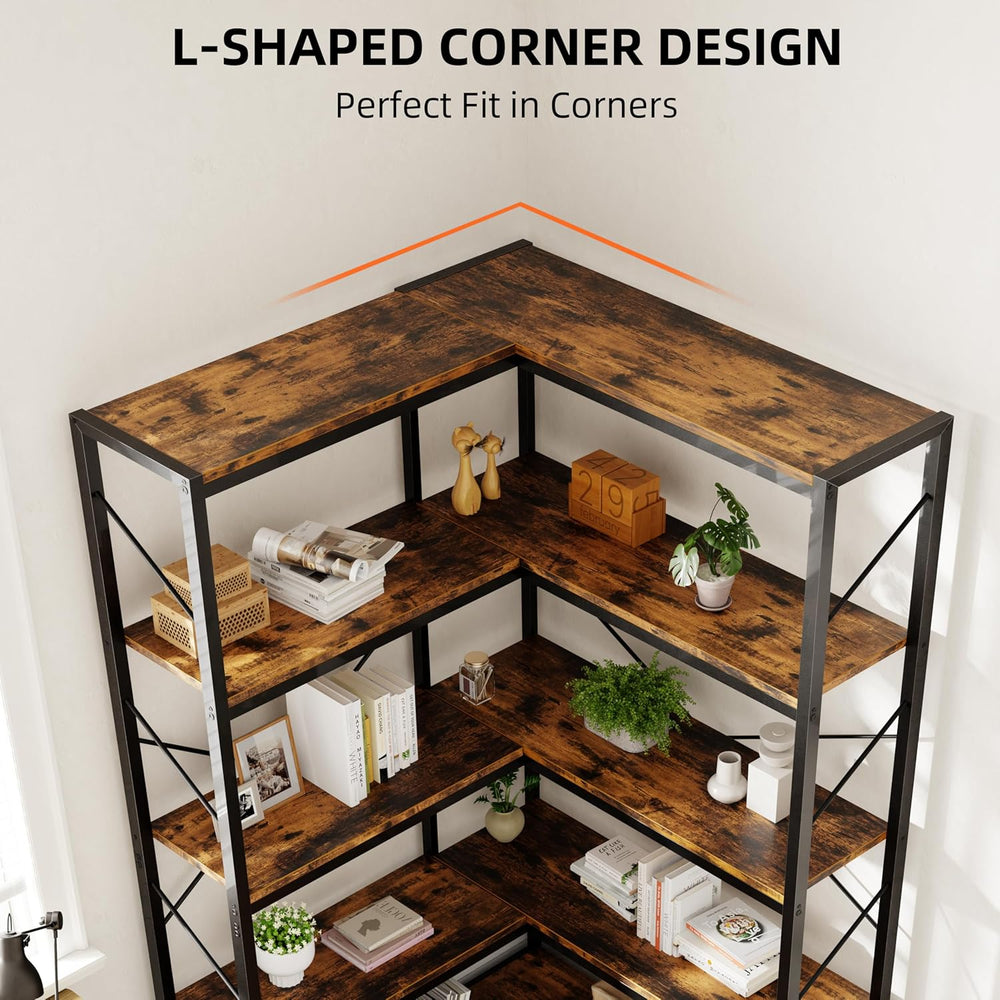 Shintenchi 5 Tier Corner Bookshelf, L Shaped Large Bookcase, Rustic Brown