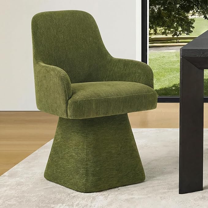 Swivel Dining Chair Set of 1, Mid Century Modern Chair Fabric Upholstered Armchair with Armrest & Ergonomic Backrest for Dining Room, Kitchen, Bedroom, Living Room, Green