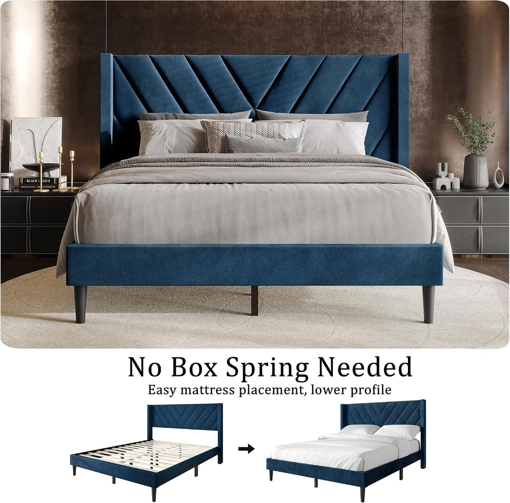 Queen Platform Bed Frame with Chevron-Stitched Wingback Headboard, Velvet Uph...