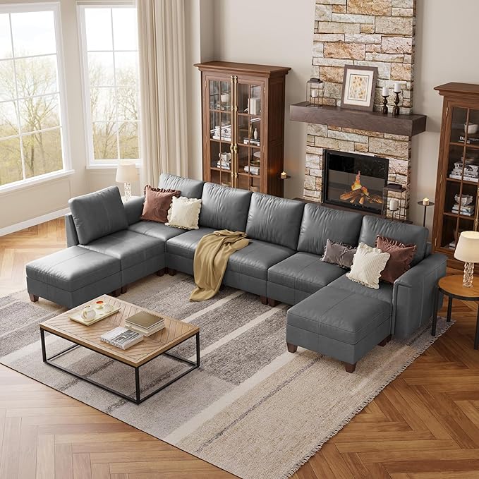 SITJOY 145" Faux Leather Modular Sectional Sofa with Storage, Mid Century Modern Sectional Couches for Living Room, Soft Padded Armrests, 8 Seat U Shaped Sectional Couch with Chaise, Gray