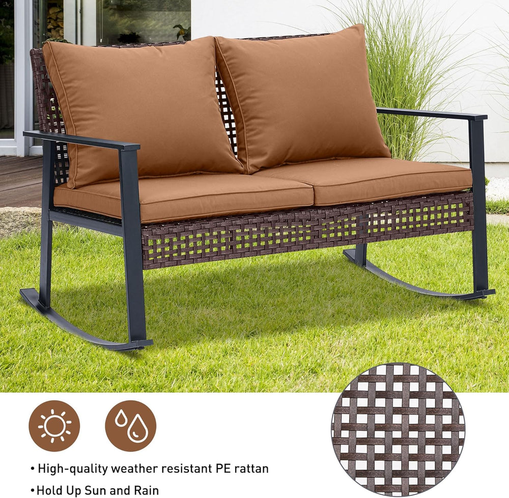 Ainfox Outdoor Wicker Loveseat Rocking Chair, Patio Rattan Rocker Chair with ...