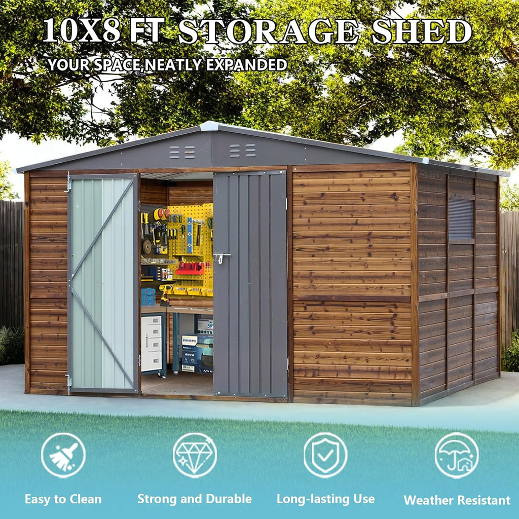 8x10 FT Outdoor Storage Shed with Windows, Wood & Metal Tool Shed Waterproof Storage House for Outside Patio, Garden, Backyard, 4 Vents (Without Floor) Wood Color
